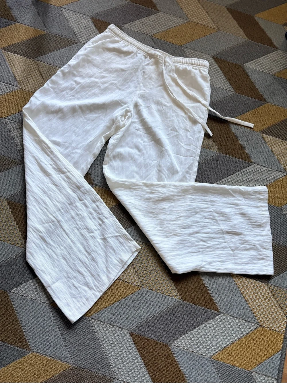 ZARA White Linen Blend Wide Leg Drawstring Summer Pants Size L